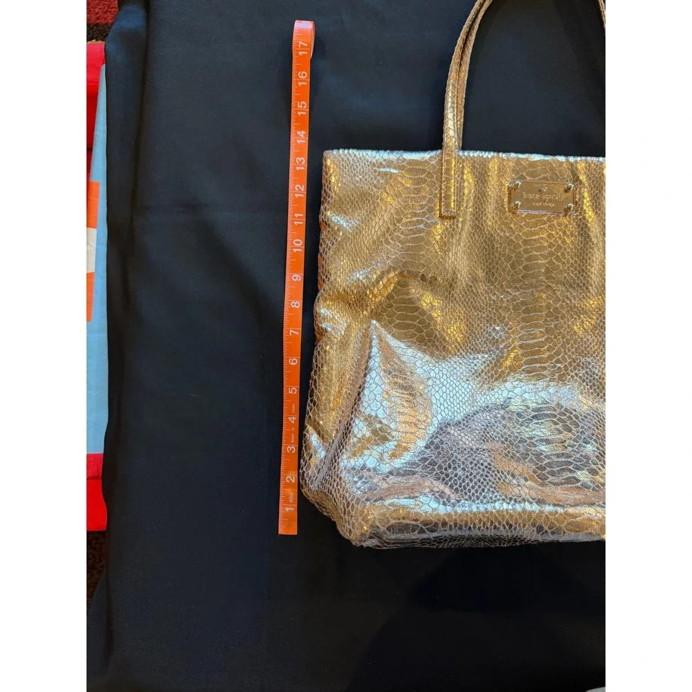 Vintage Kate Spade Gold Metallic Snakeskin Embossed Tote Bag Polka Dot Lining